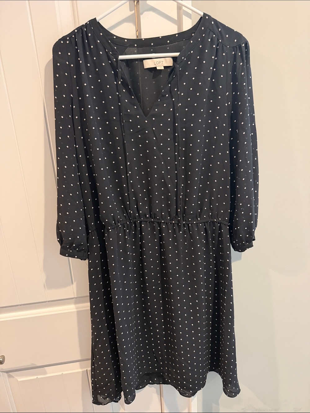 LOFT Black Polka Dot V-Neck Midi Dress with Elastic Waist